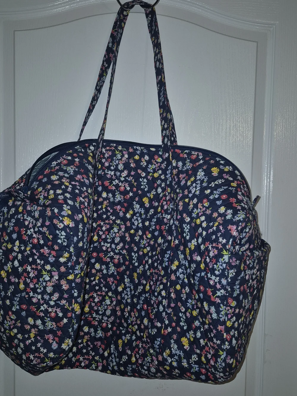 Vera Bradley Navy Quilted Floral Tote with Pink, Yellow and White Blooms